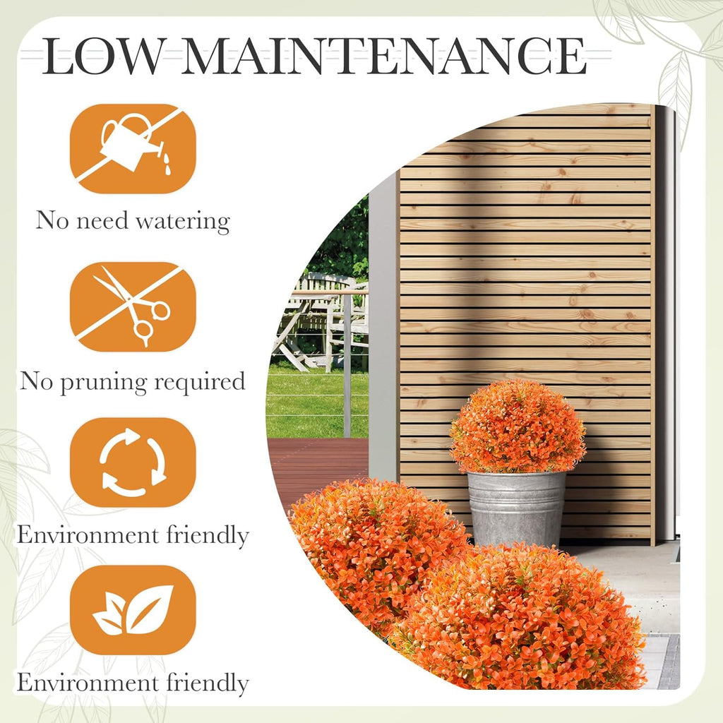 Yunlly 2 Pack 18" Artificial Boxwood Ball Bush Topiary Trees Fake Outdoor Plants, Realistic UV Resistance Faux Shrubs with Spike Greenery Topiary for Front Porch Garden Yard Patio Indoor (Orange)