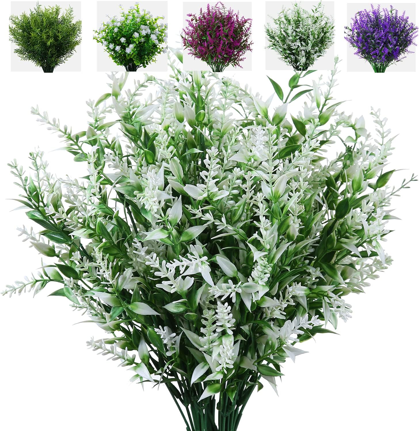 8 Pack Artificial Plants Flowers Grass Shrubs No Fade Faux Plastic Flowers Outdoor for Vases Farmhouse Garden Porch Patio Office Indoor Wedding Decoration Greenery Fake Plants (5#White)