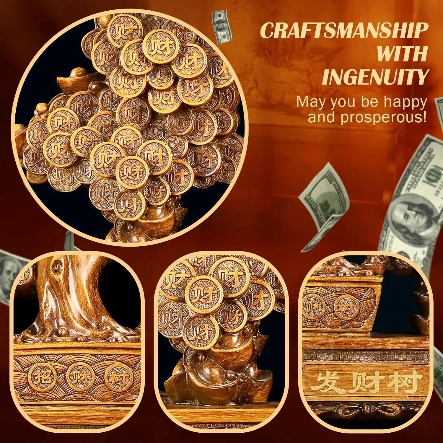 FENGSHUI-CAISHEN Top Resin Money Tree, Artificial Bonsai Tree, Handcrafted, Premium Quality, Feng Shui Gift for Abundance Luck and Success (Brown)