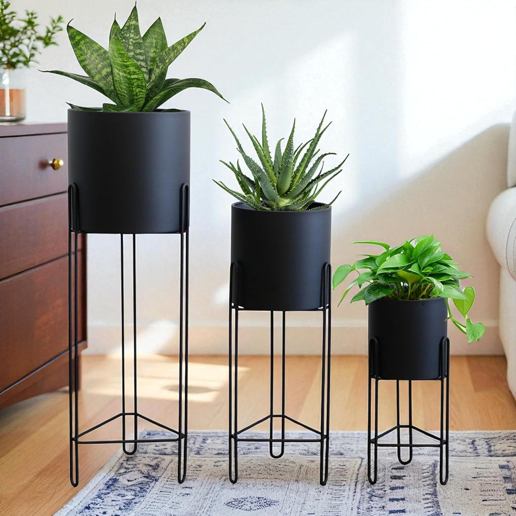 TRIROCKS Set of 3 Planters with Stand Indoor Otdoor Tall Planters for Indoor Plants 29 &18 &12" Morden Planters Flower Pots for Living Room Corner Kitchen Office Garden Balcony Patio Decor(Black)