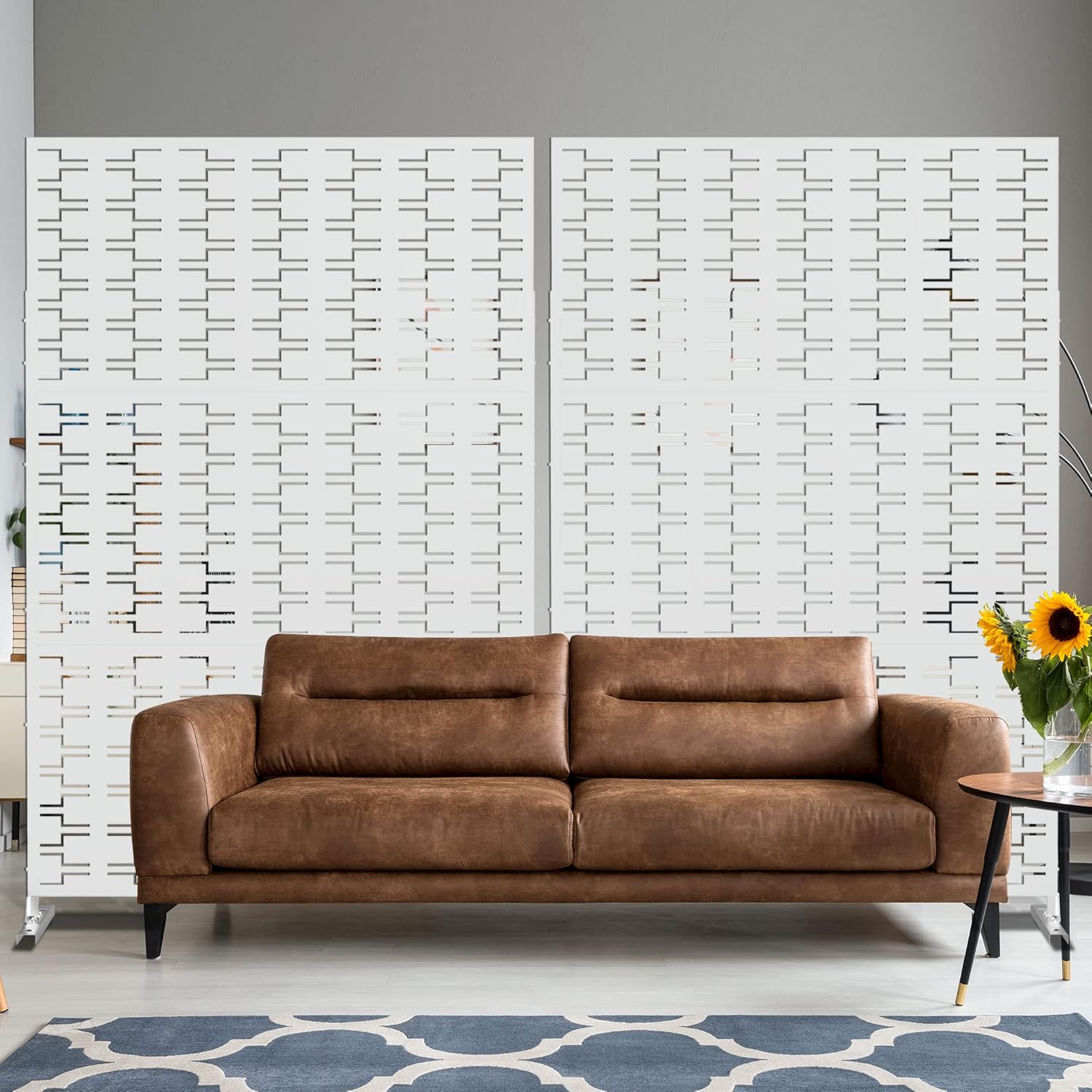 Metal Privacy Screen Outdoor 72" H×47" W,Freestanding Decorative Privacy Screen for Balcony Yard&Garden,Privacy Fence-White&Brick