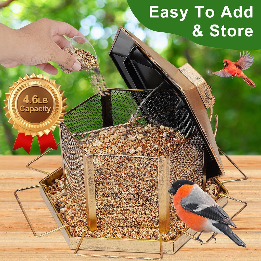 Metal Bird Feeder for Outdoor Hanging, 4.6LB Large Capacity, Garden Decoration - Attracts Wild Birds, Durable Outdoor Bird Feeding Station for Garden Yard Outside Backyard (Extra Large Gold)