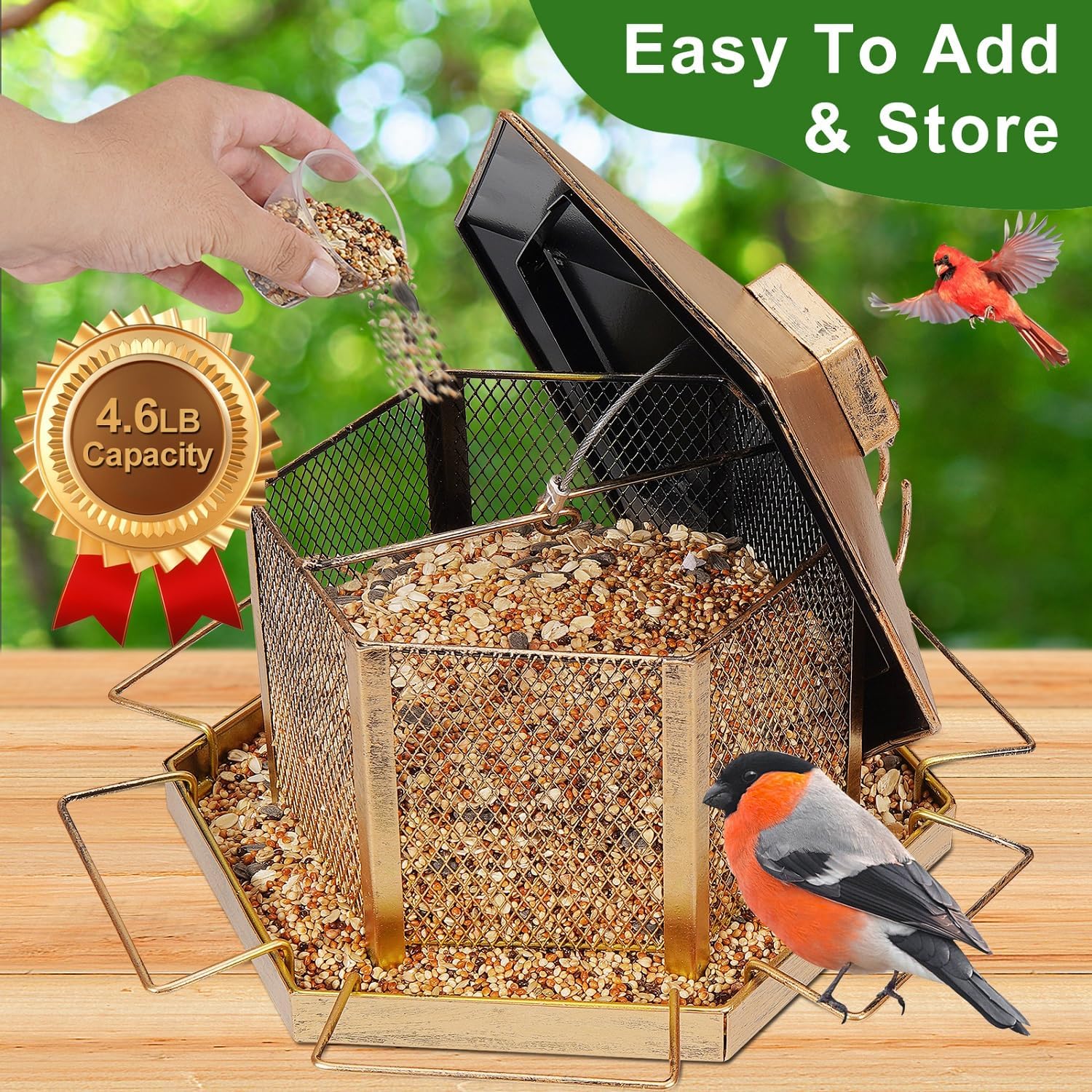 Metal Bird Feeder for Outdoor Hanging, 4.6LB Large Capacity, Garden Decoration - Attracts Wild Birds, Durable Outdoor Bird Feeding Station for Garden Yard Outside Backyard (Extra Large Gold)