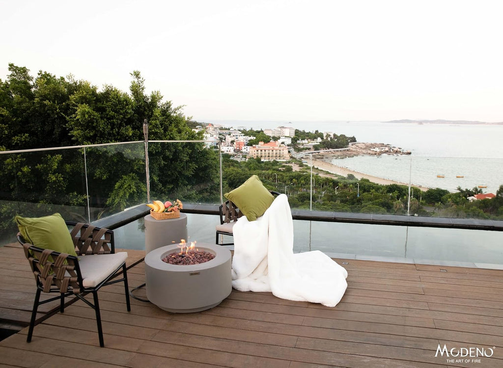 AMS Fireplace | Modeno Waterford Package | Light Gray Liquid Propane Gas Fire Pit Table for Outside Patio Bundle with Tank Cover | Free Ice Bucket & Rubber Mat