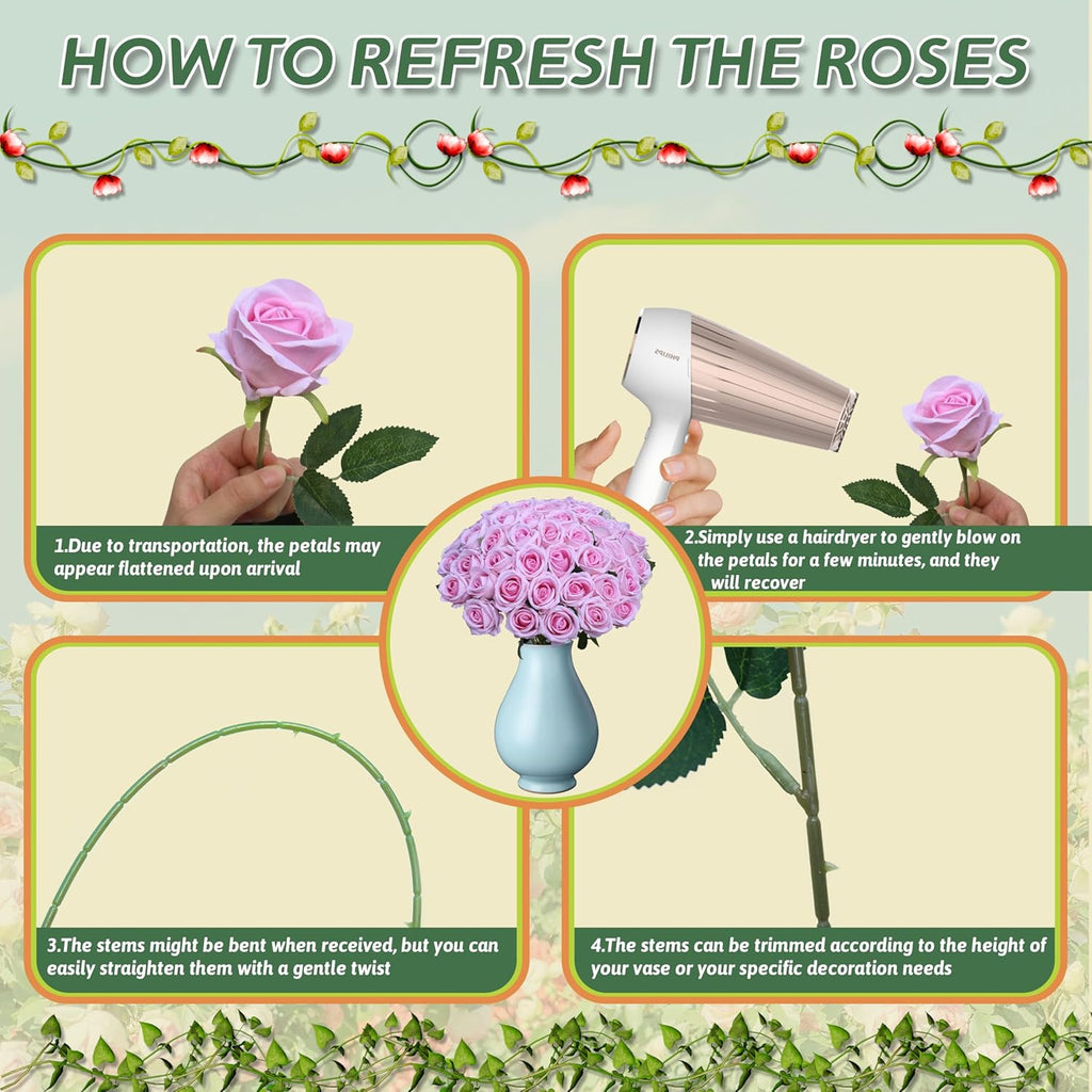 50 PCS Fake Pink Roses, Artificial Flowers Bulk Realistic Silk Faux Rose with Stems for Wedding Decoration Bridal Bouquet Birthday Celebrations DIY Floral Arrangement Home Decor