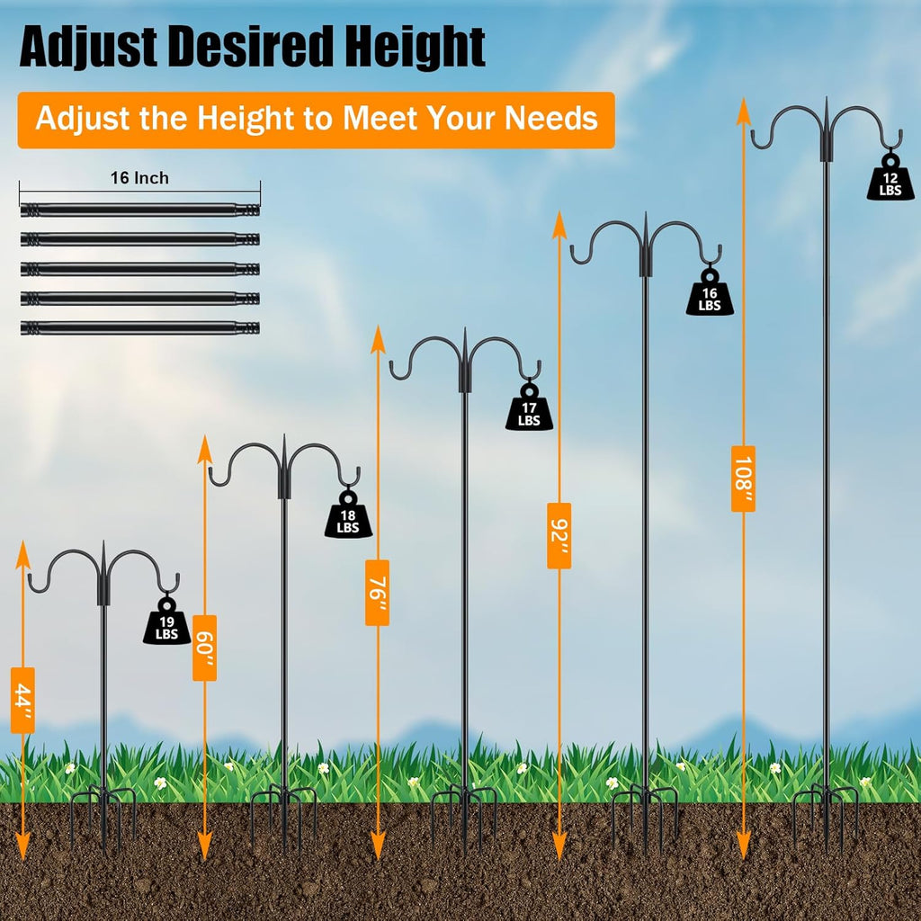 FEED GARDEN Adjustable Double Shepherds Hook for Outdoor with 5 Prong Base 108 Inch Heavy Duty Two Sided Bird Feeder Pole for Hanging Plant Baskets, Solar Light Lanterns, Wind Chimes 2 Pack