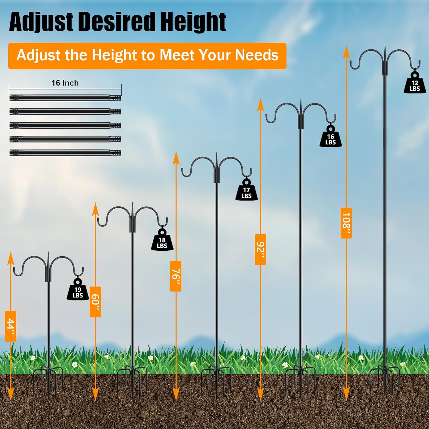 FEED GARDEN Adjustable Double Shepherds Hook for Outdoor with 5 Prong Base 108 Inch Heavy Duty Two Sided Bird Feeder Pole for Hanging Plant Baskets, Solar Light Lanterns, Wind Chimes 2 Pack