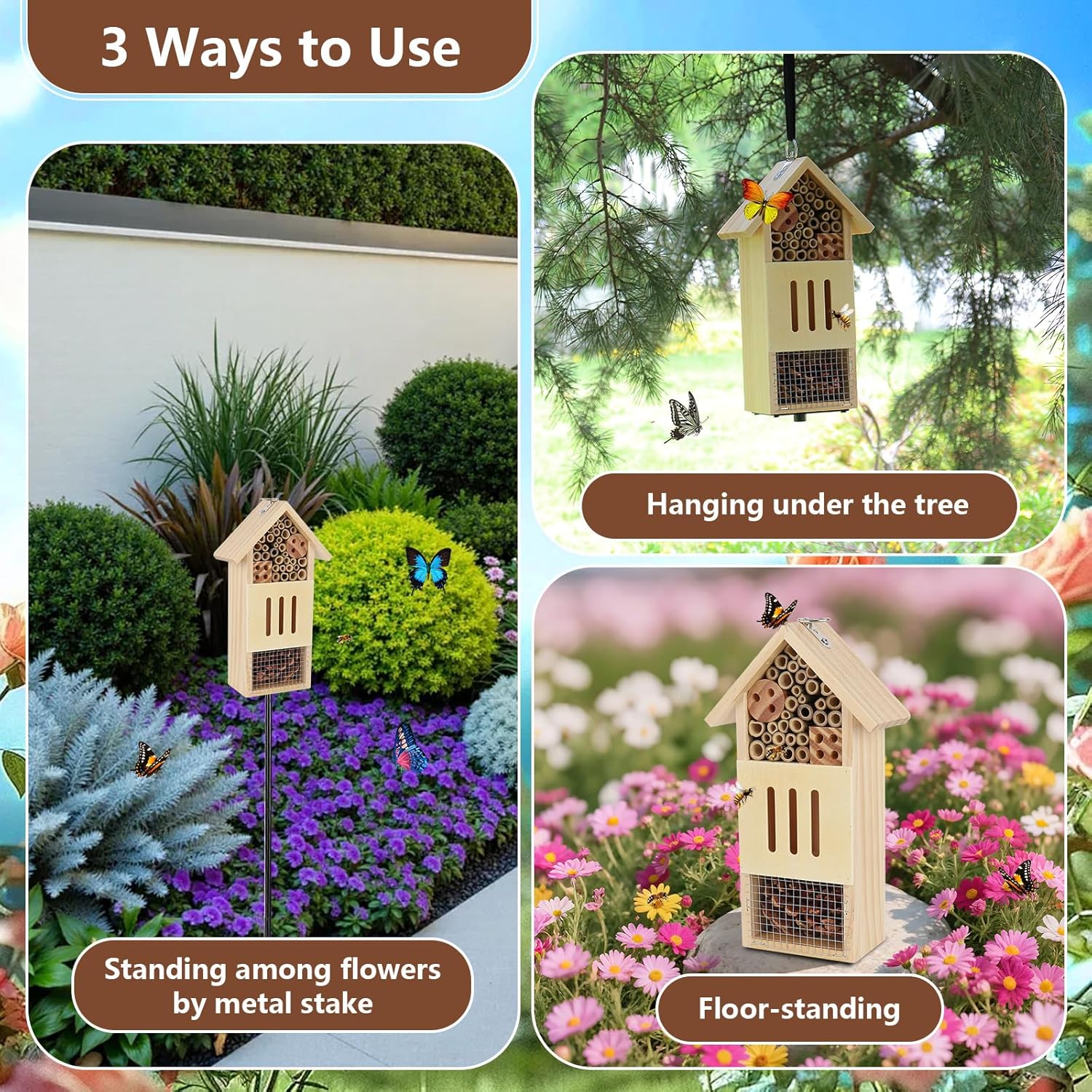 Wooden Insect House, Bee House with Metal Stake for Gardens, Insect Hotel & Butterfly Hotel on The Ground or Hanging on Tree Wall, Natural Insect Habitat for Bee, Butterfly, Ladybirds, Bugs