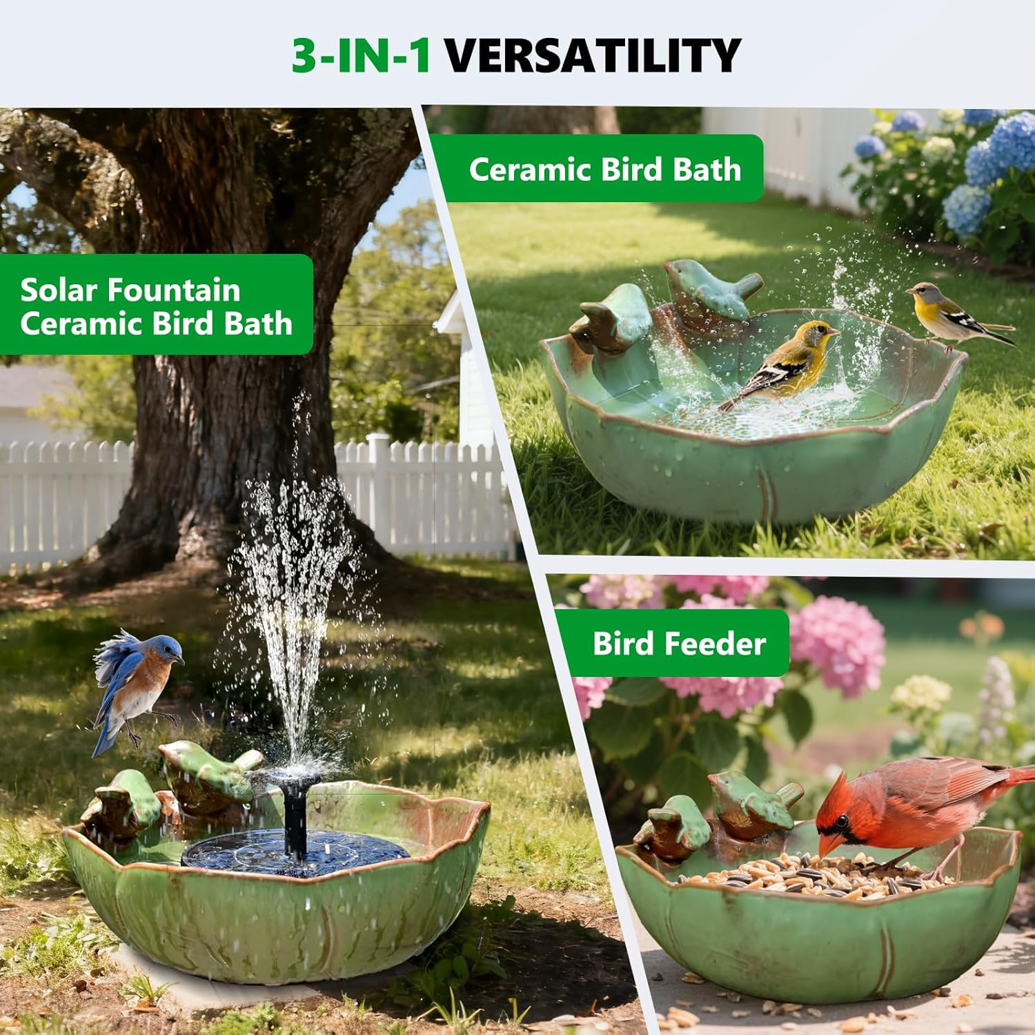 Solar Fountain Ceramic Bird Bath for Outdoors Hummingbird Solar Bubbler Fountain with Ground Ceramic Bird Baths Bowl for Outside, Large Table Top Garden Décor for Patio, Yard & Home