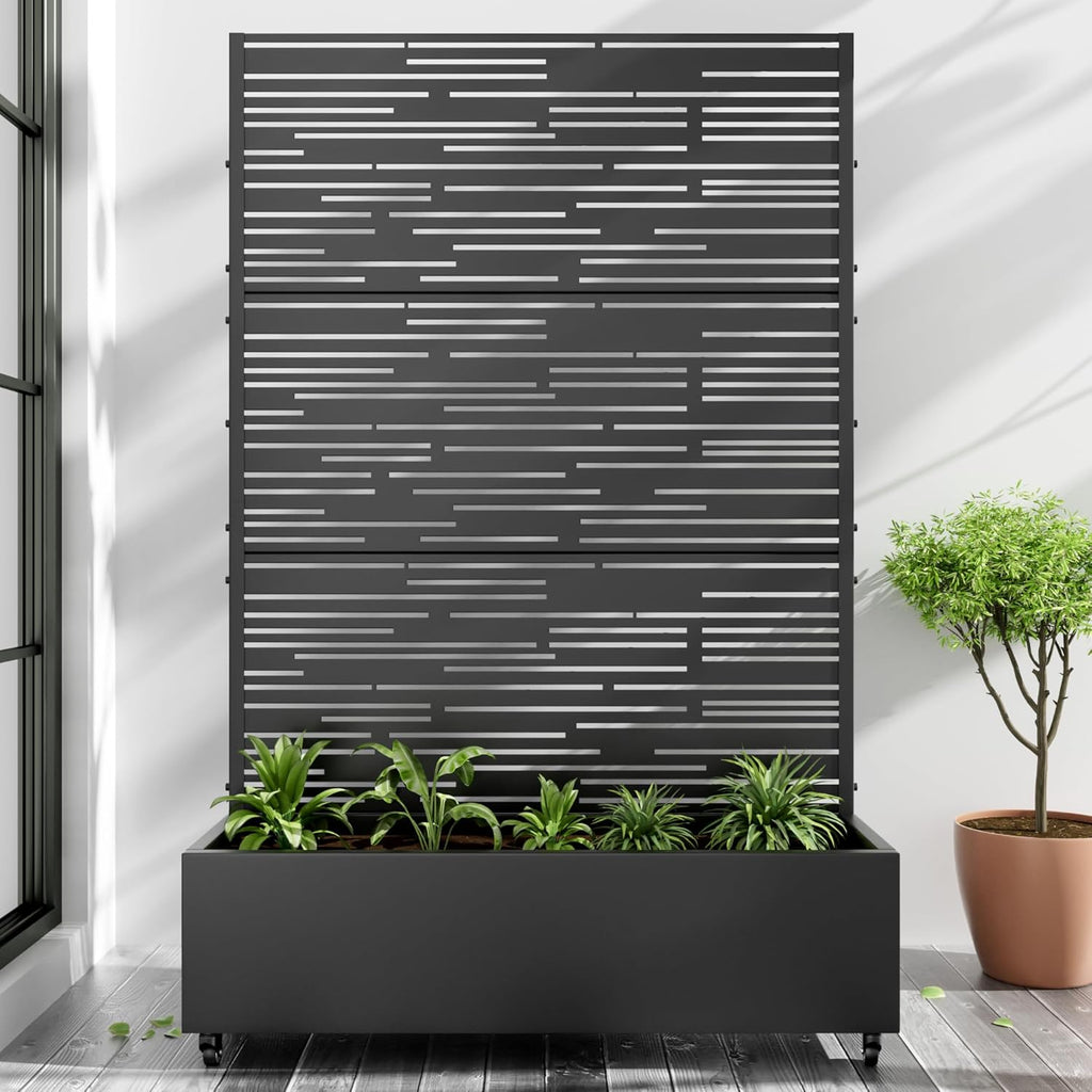 Casaphoria Metal Raised Garden Bed with Trellis and Wheels, 72"x47"x16" Planter Box for Climbing Plants, Vegetables & Vines, Features Drainage Holes and Privacy Screen (Black-Shine)