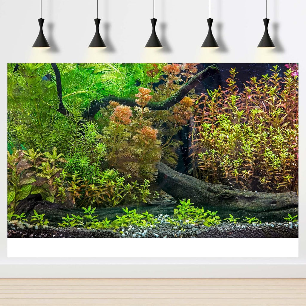 Aquarium Backdrop Underwater Grass Leaves with Pebbles Exquisite Aquarium Background Vivid Green Aquatic Plant Stone River Bed Fish Dead Wood Fresh Leaves Tank Background Decors Vinyl 48x20in
