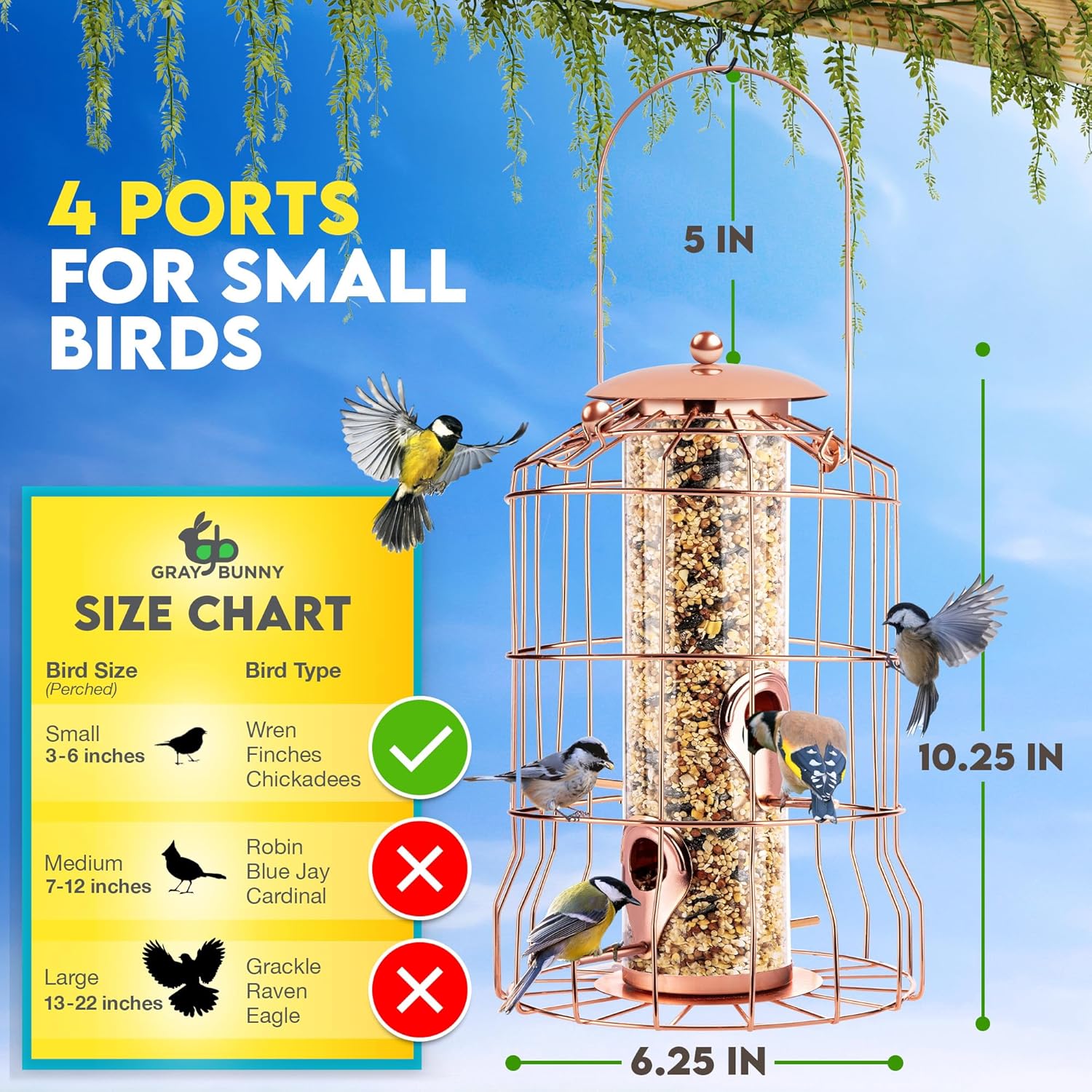 Squirrel Proof Bird Feeder for Outdoors Hanging (Metal Rose Gold) Bird Feeder with 4 Ports, Chew-Proof & Weather Resistant, Backyard Gift (10.25 x 6.25 x 6.25 inches)