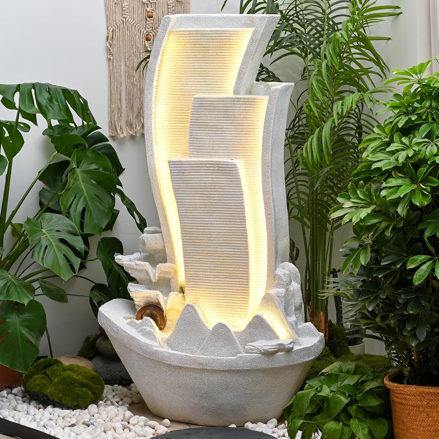 50.39 Inches Outdoor Water Fountain Garden Waterfall Indoor Modern Water Feature Freestanding Fountains with LED Lights and Pump for Patio Yard Pool Home Decor