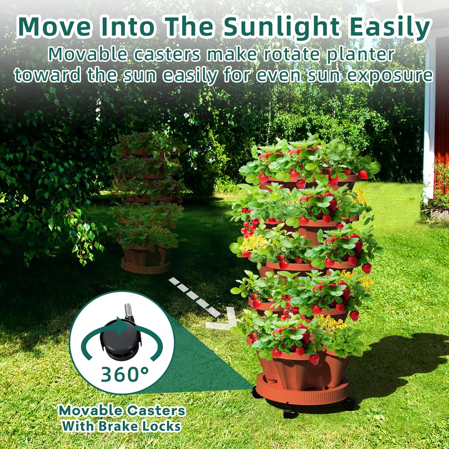 Strawberry Stackable Planter, Vertical Tower Garden, 5 Tiered Stacking Herb Vegetable Planters with Movable Casters and Bottom Saucer Indoor and Outdoor - Terra Cotta