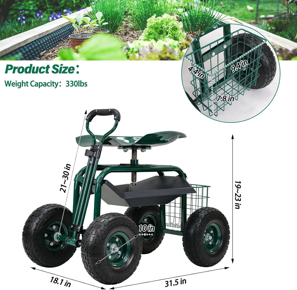 BDL Garden Cart Outdoor Rolling Garden Workseat with Wheels, Heavy Duty Garden Tool Cart with Extendable Handle and Storage for Seniors Yard Gardening Work