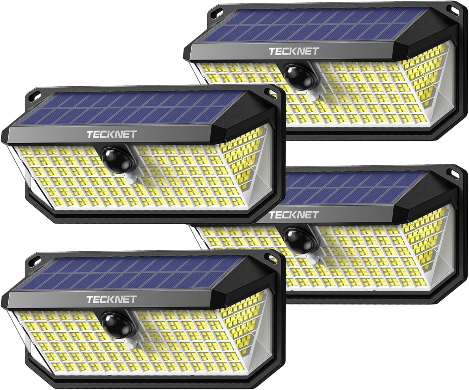 TECKNET 461 LED Solar Powered Outdoor Lights, 270° Angle & 3 Lighting Modes Motion Sensor Light Outdoor, Security Solar Lights Waterproof for Fence Front Door Yard Deck Garden Garage House - 4 Pack