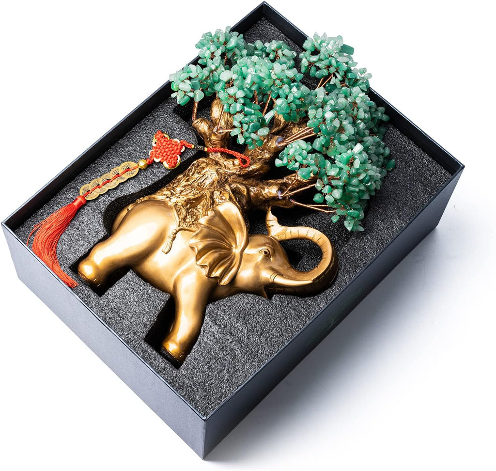 Green Aventurine Crystal Money Tree on Gold Elephant Statue, 17”Large Gemstone Bonsai Tree of Life Home Décor Gifts for Wealth Positive Energy, Feng Shui Décor