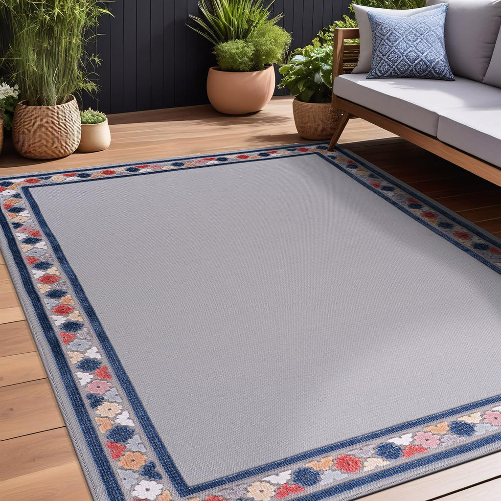 Beverly Rug Outdoor Rug 8x10 Modern Bordered Area Rugs for Indoor and Outdoor Patio Easy to Clean Non Shedding Living Room Porch Garden Washable Outside Carpet (8 x 10 Gray)