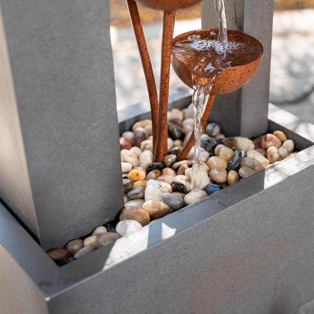 XBrand Sculptural Freestanding Metal Multi-Tiered Water Fountain w/Flowers, No LED Lights, Gray and Bronze, 38" Tall