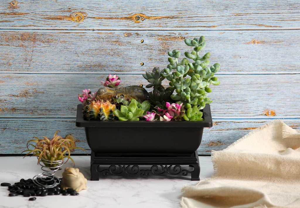 Bonsai Pots 7.5 Inch Antique Brown Bonsai Training Pots with Elegant Stand 2-Pack with Mesh Drainage Luxurious Indoor Recycled Plastic Planters