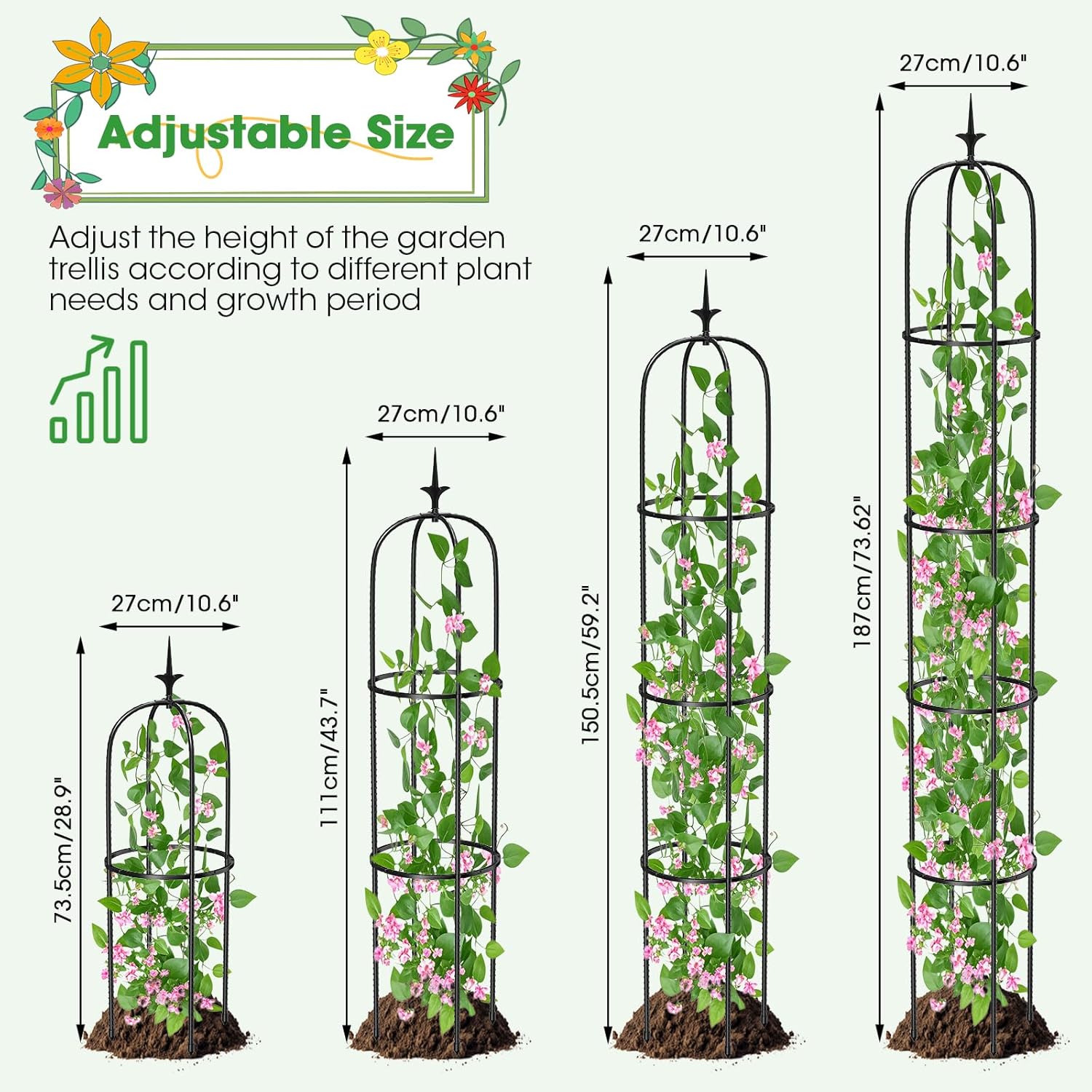 Tower Obelisk Garden Trellis for Climbing Plant，73.6inch Rustproof Metal Potted Plant Climbing Support for Indoor Outdoor Flowers Vegetable Fruits Vines Support （1pcs）