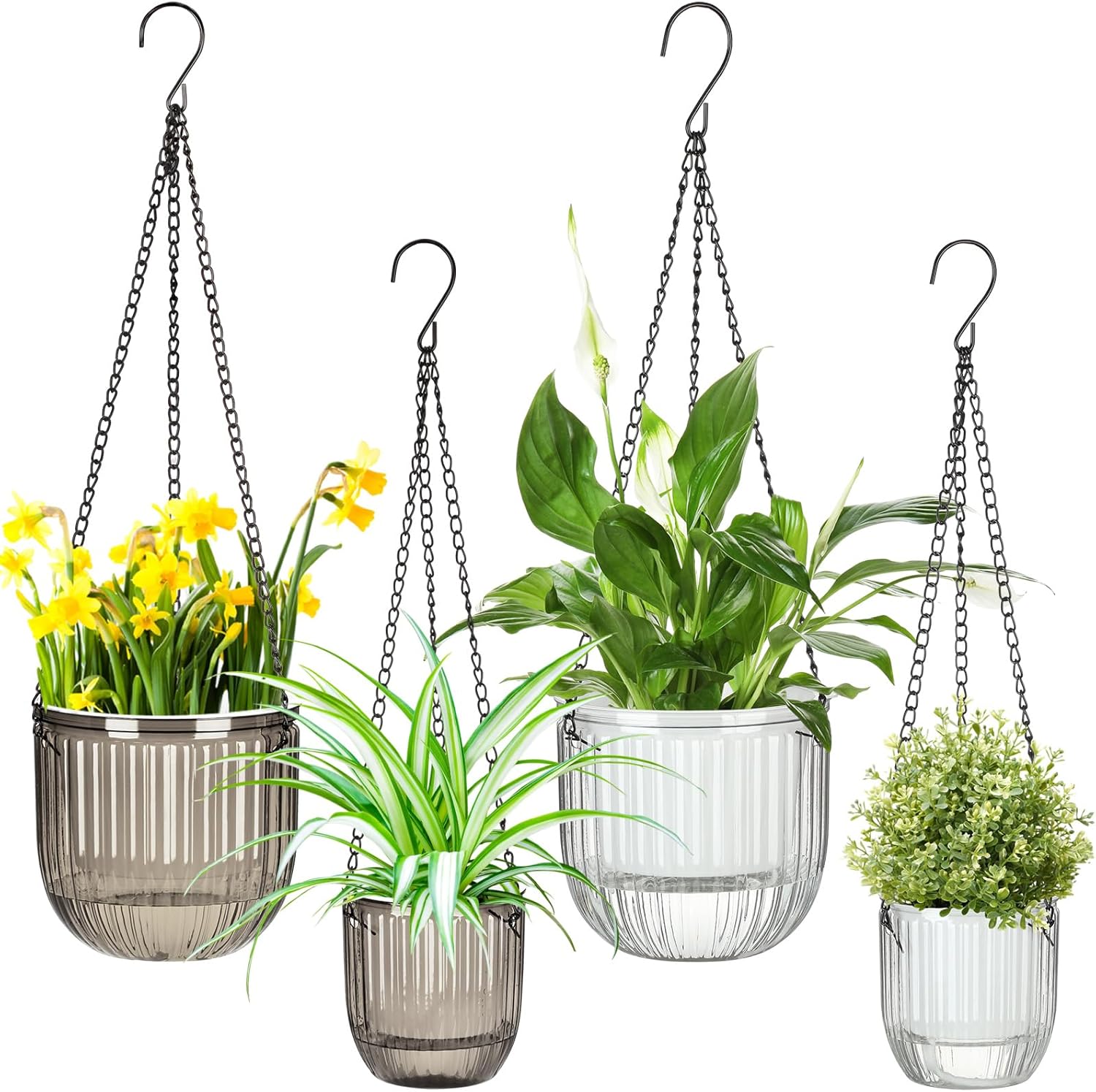 Maxcheck 4 Pcs Self Watering Hanging Planters Indoor Gift 6.5'' 4.5'' Hanging Flower Pots Baskets Outdoor Self Watering Plant with 3hooks Drainage Holes for Home(Grey,Clear)