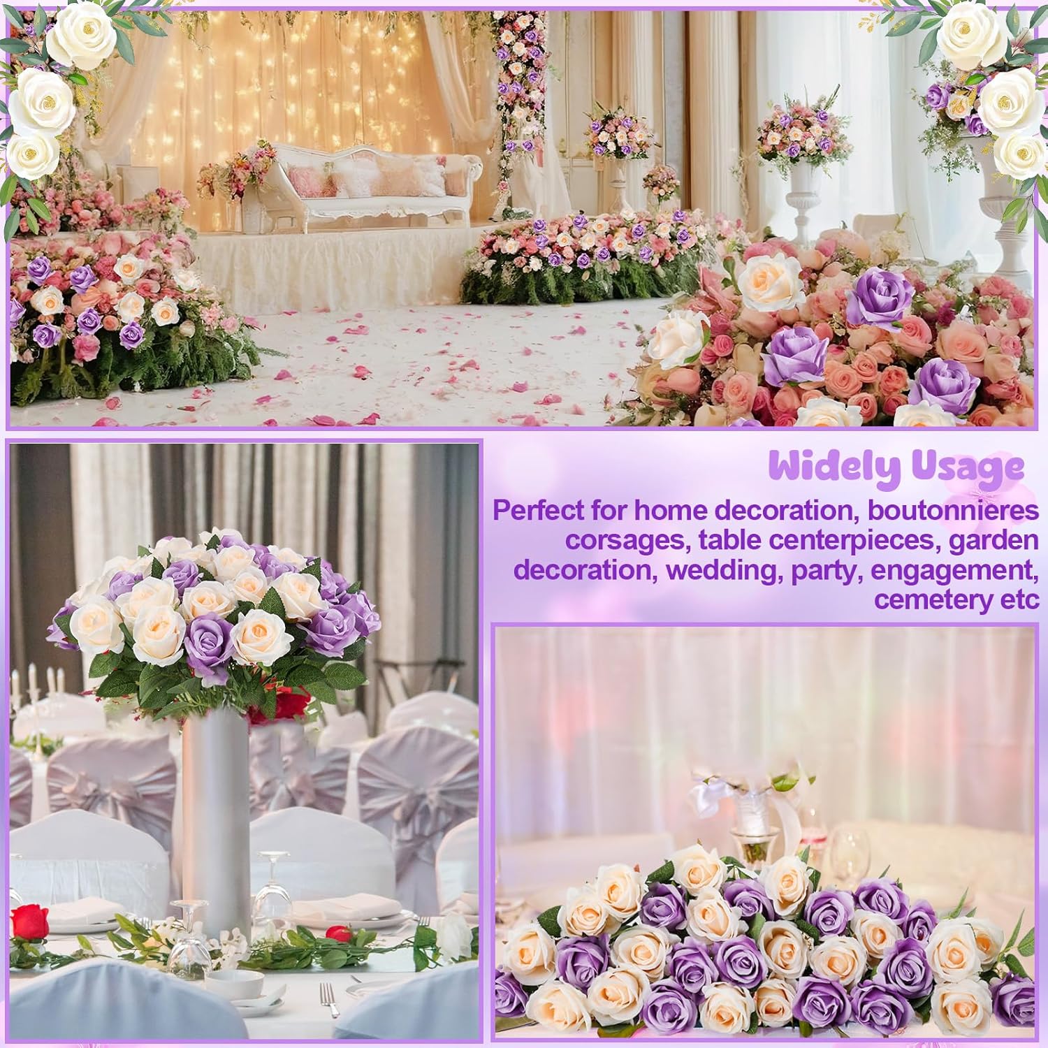 36 Pcs Purple, Champagne Artificial Roses with Long Stems, Purple Fake Silk Rose Artificial Flowers Bulk for Bridal Wedding Bouquet Centerpiece Ball Arrangement Party Decor