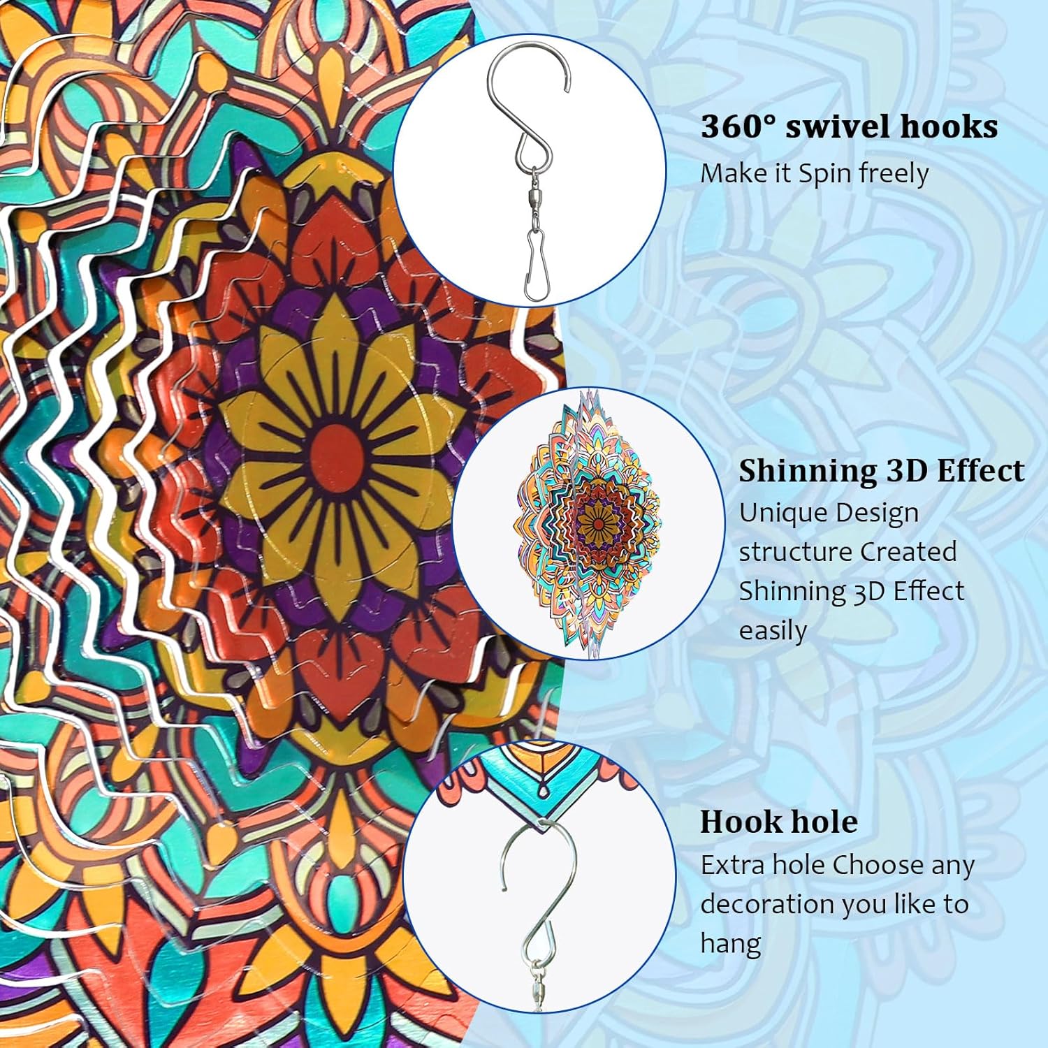 Mandala Daisy Wind Spinner - 12In 3D Kinetic Metal Wind Spinners, Stainless Steel Laser Cut Hanging Wind Sculpture, Indoor/Outdoor Garden & Yard Art Decor Gifts for Women, Men & Holidays