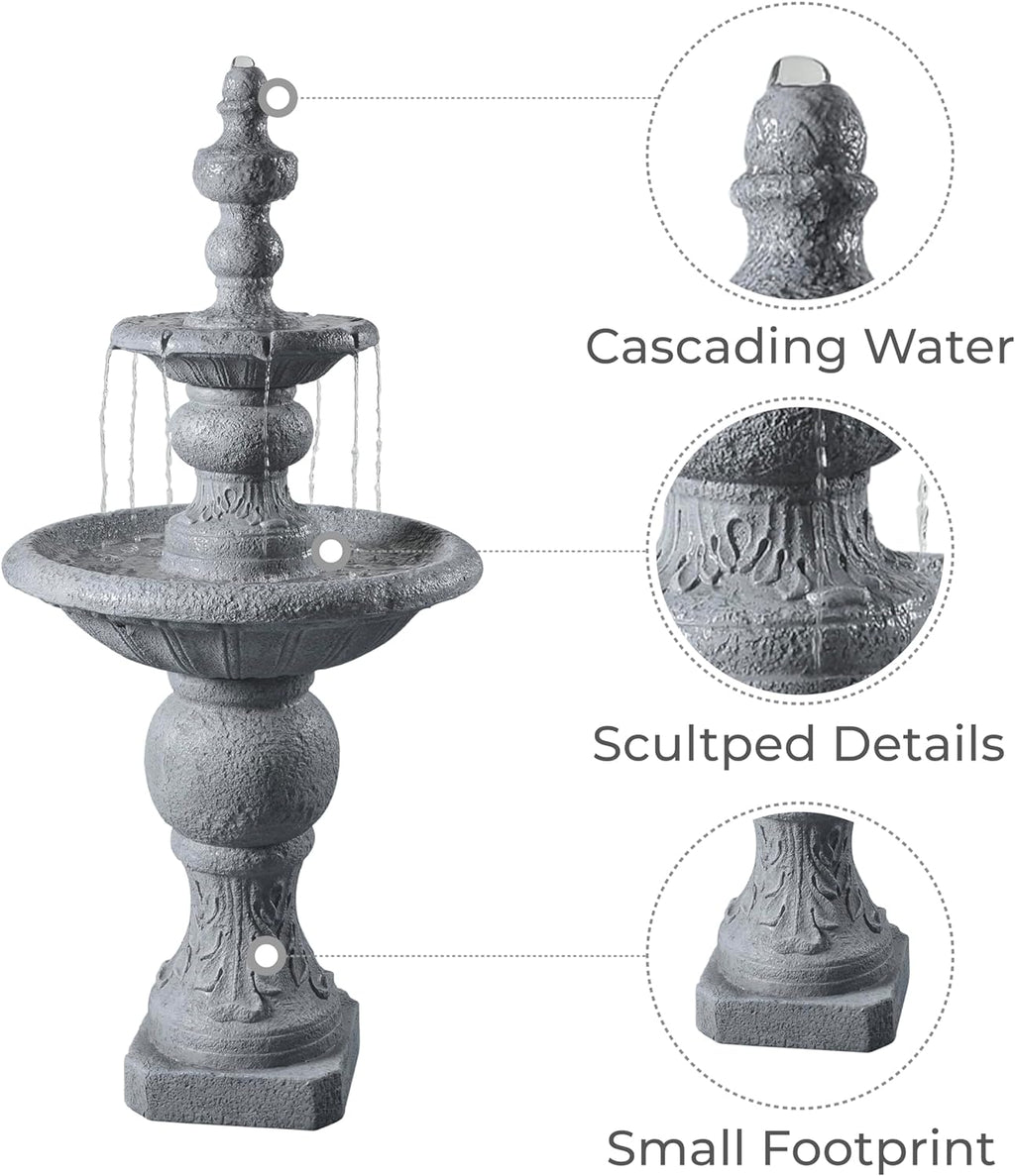 Teamson Home 52.56 in. Outdoor Two-Tier Water Fountain with Realistic ICY Stone Texture for Outdoor Living Spaces Creating a Calming Oasis for Gardens, Landscaping, Patios, Balconies, Lawns, Gray