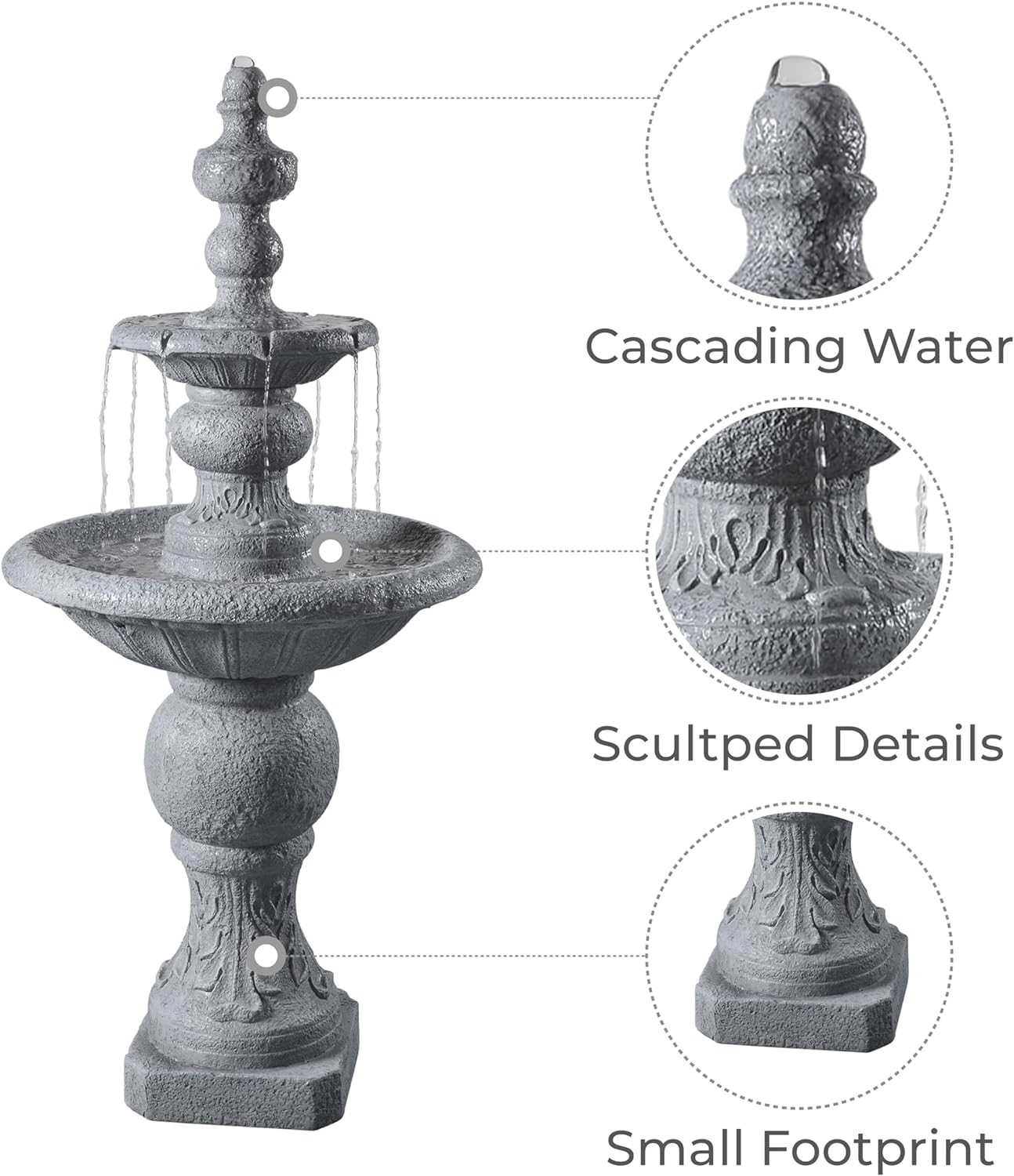 Teamson Home 52.56 in. Outdoor Two-Tier Water Fountain with Realistic ICY Stone Texture for Outdoor Living Spaces Creating a Calming Oasis for Gardens, Landscaping, Patios, Balconies, Lawns, Gray
