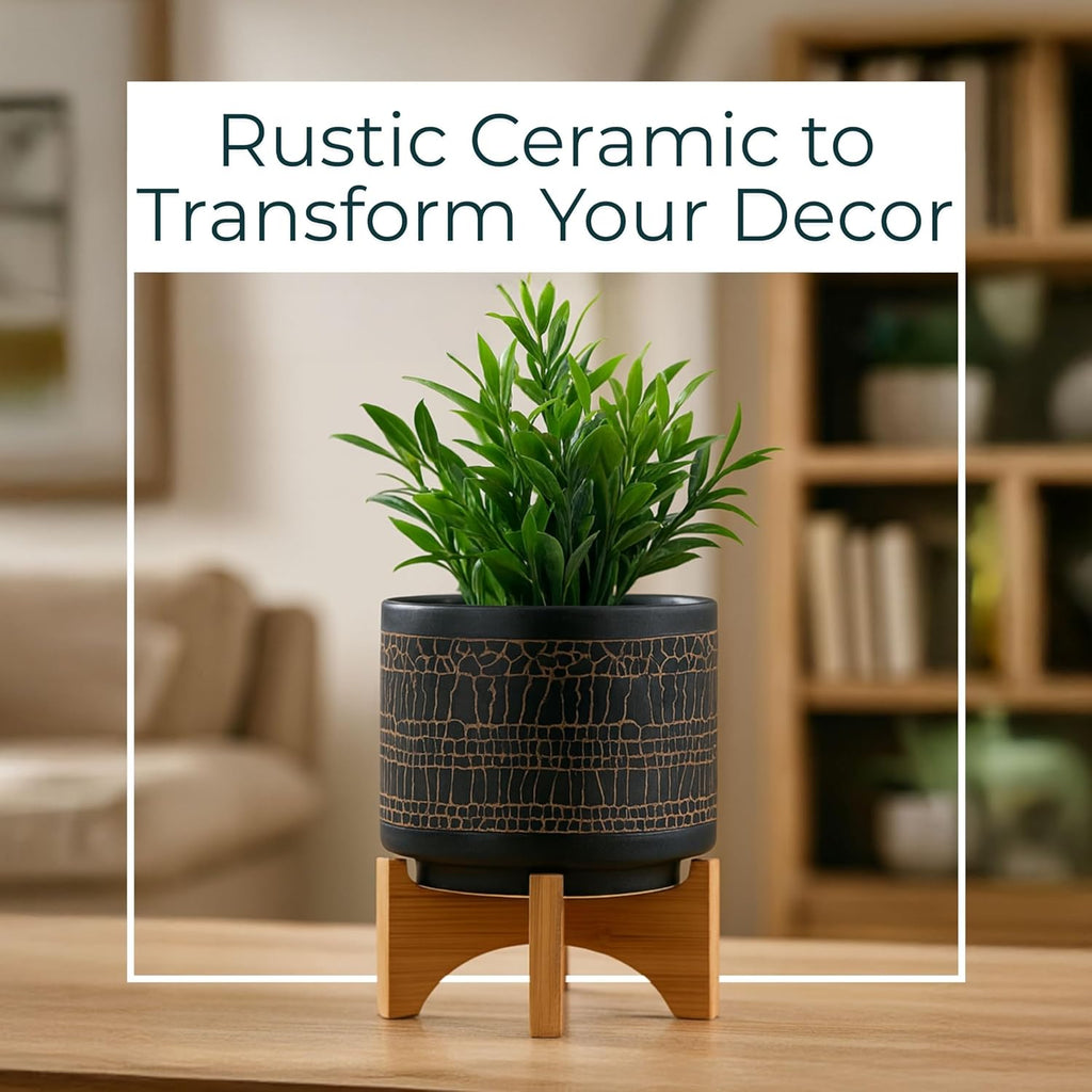 Glazed Decorative Planter Pot with Wood Stand – Ceramic Stoneware Outdoor & Indoor Plant Pot with Cracked Pattern – Modern Garden & Home Decor Planters – 9", Black