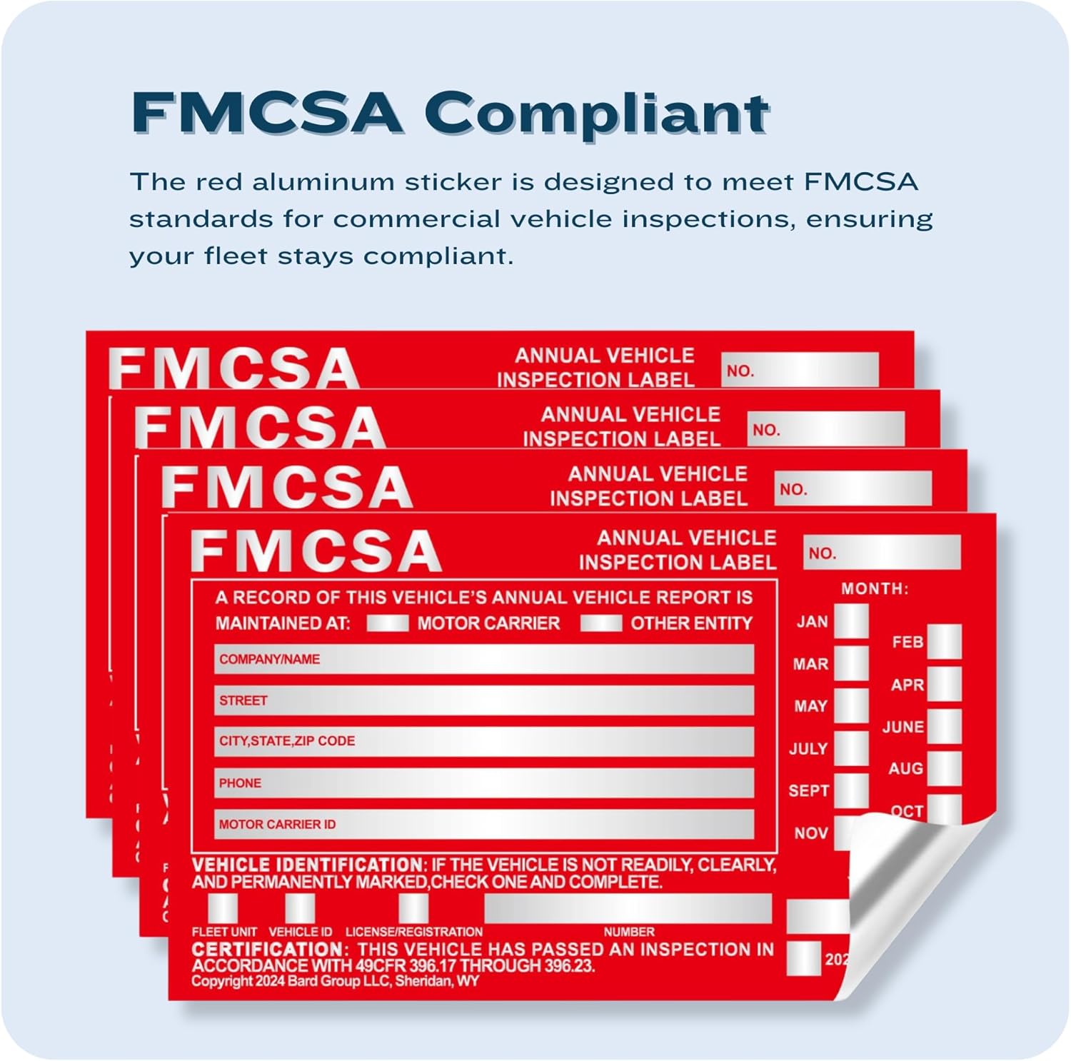 100-Pack DOT Compliant Aluminum Annual Vehicle Inspection Label – Red FMCSA Label with Punch Boxes