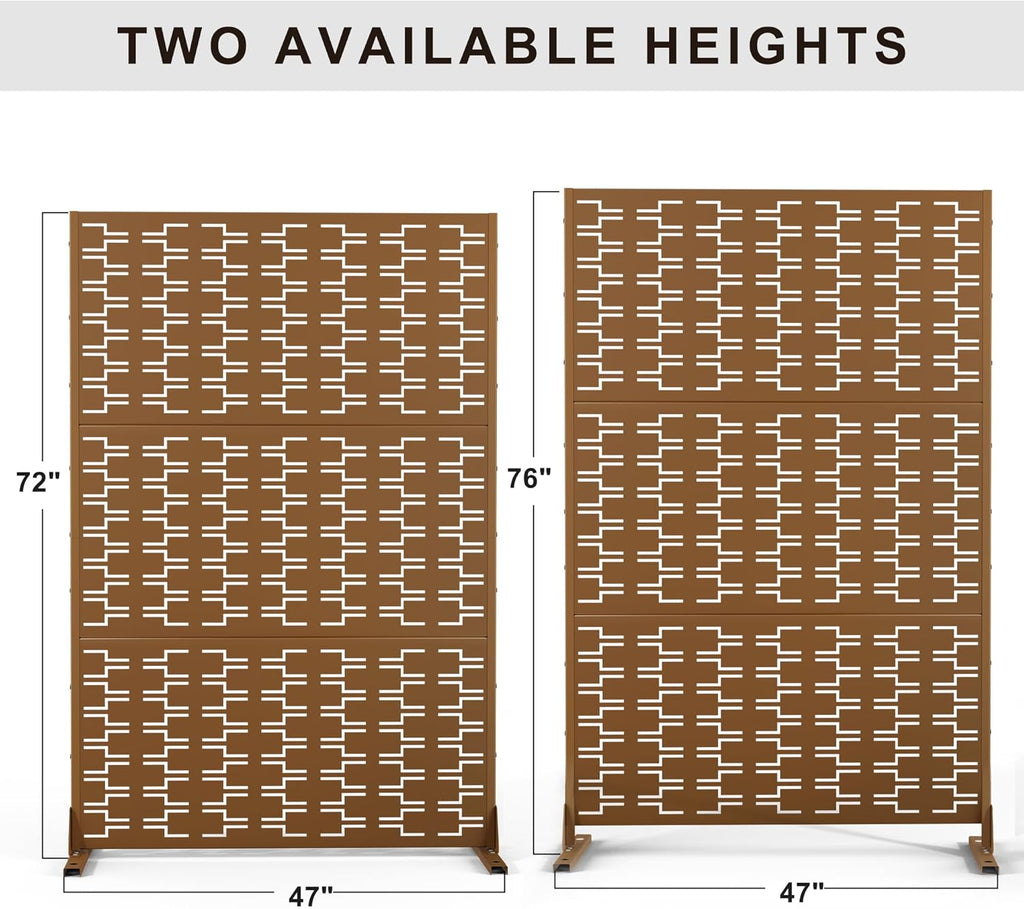 Metal Privacy Screen Outdoor 72" H×47" W,Freestanding Decorative Privacy Screen for Balcony Yard&Garden,Privacy Fence-Brown&Brick
