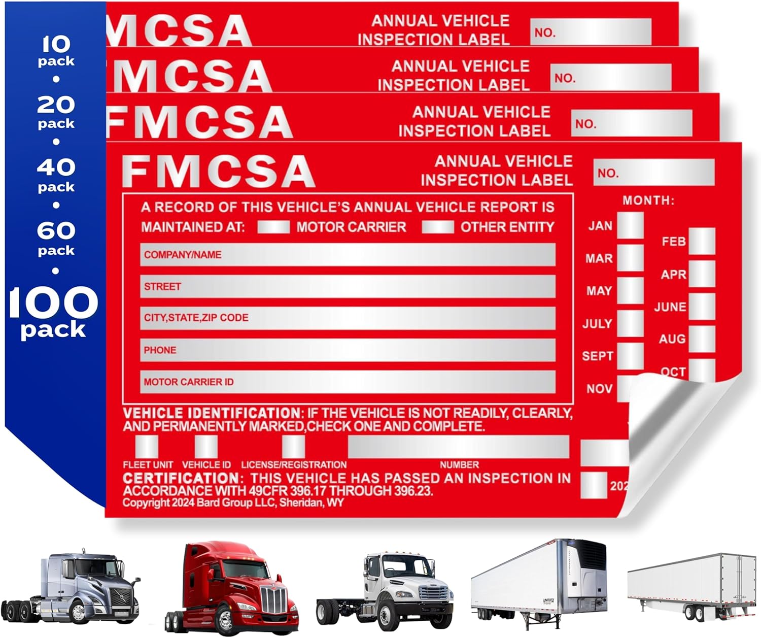 100-Pack DOT Compliant Aluminum Annual Vehicle Inspection Label – Red FMCSA Label with Punch Boxes