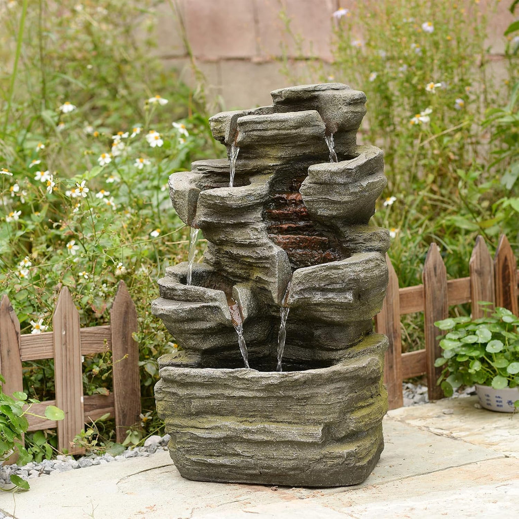 6-Tier Cascading Rock Water Fountain Outdoor Garden Waterfall Decor for Garden, Patio, Backyard, Deck, Porch and Home Art Decor,24.4" H Outdoor Fountain with Lights