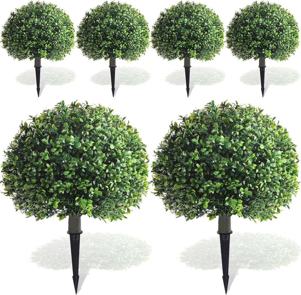 Yunlly 6 Pack 18" Artificial Boxwood Ball Bush Topiary Trees Fake Outdoor Plants, Realistic UV Resistance Faux Shrubs with Spike Greenery Topiary for Front Porch Garden Yard Patio Indoor (Green)