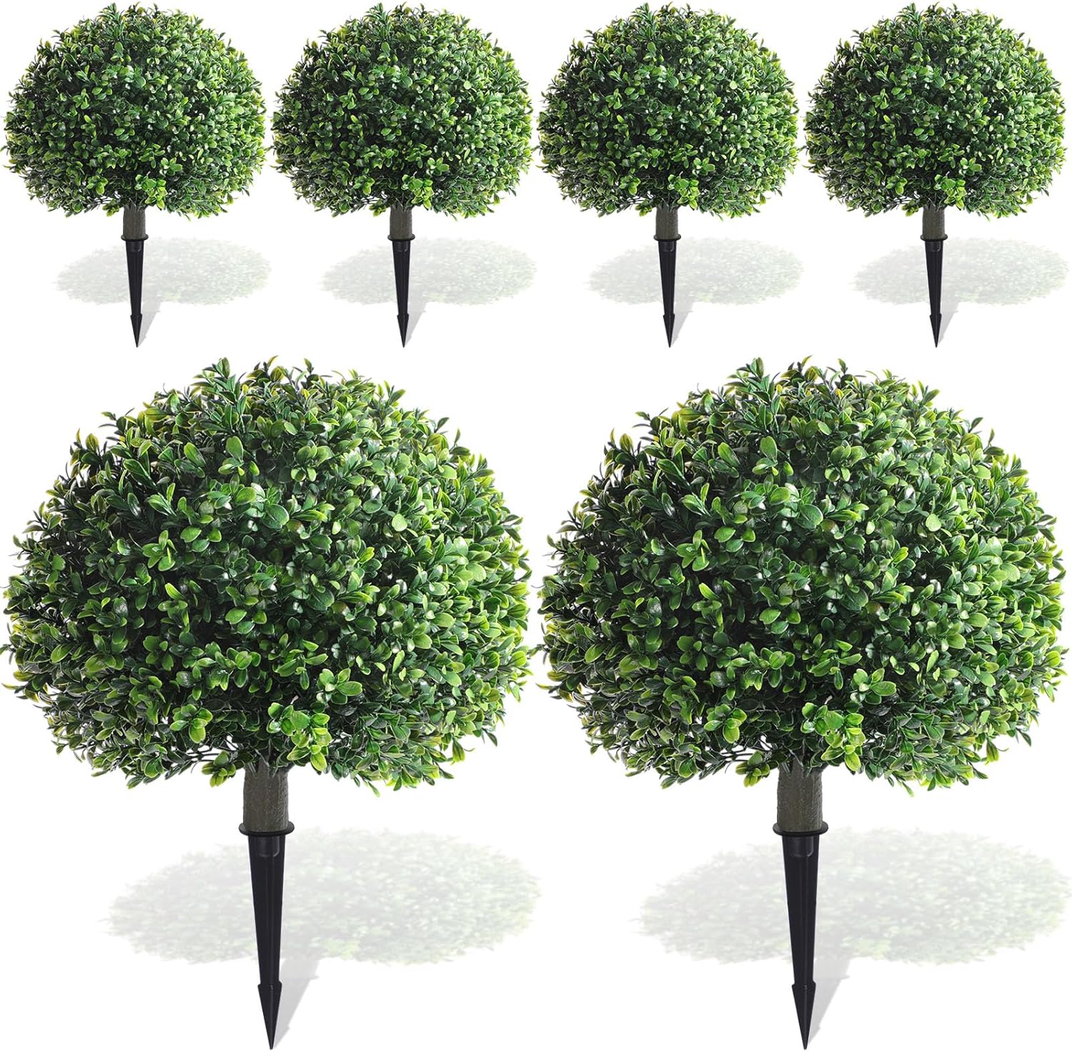 Yunlly 6 Pack 18" Artificial Boxwood Ball Bush Topiary Trees Fake Outdoor Plants, Realistic UV Resistance Faux Shrubs with Spike Greenery Topiary for Front Porch Garden Yard Patio Indoor (Green)