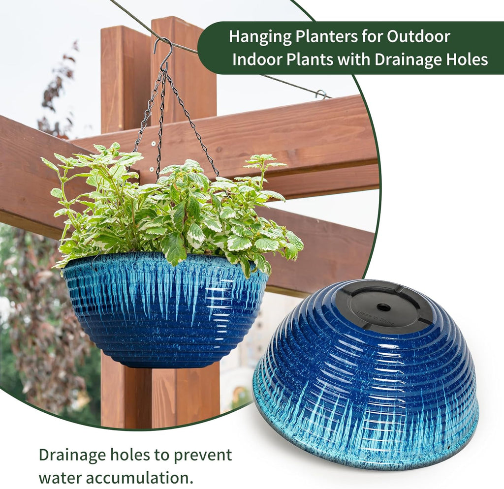 12 inch Hanging Planters for Indoor Outdoor Plants, 2 Pack Large Hanging Flower Pots with Drainage Holes and Chain, Glazed Hanging Baskets for Home Garden Decoration (Blue Flow Glaze)