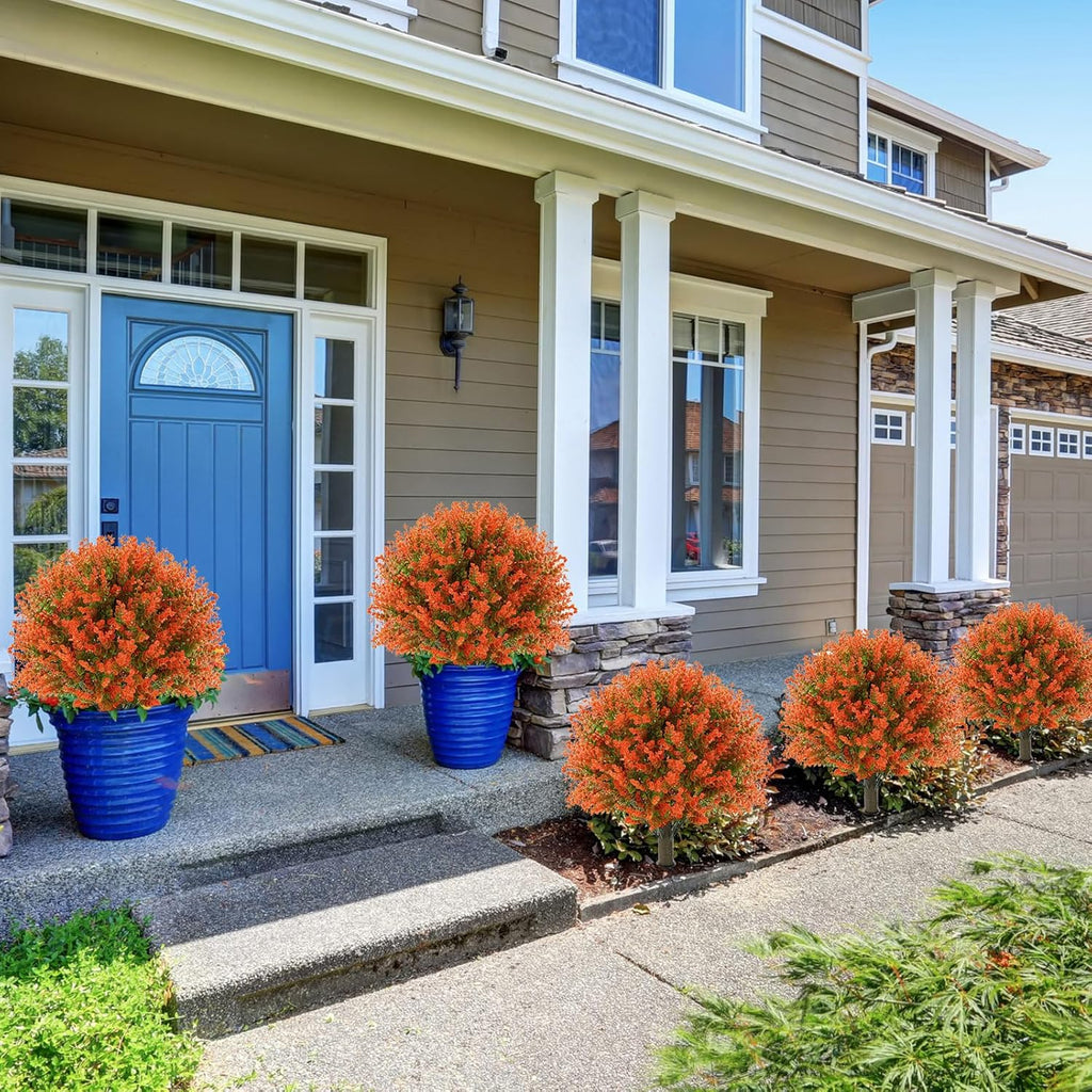 Yunlly 4 Pcs 18 Inch Fall Artificial Boxwood Ball Topiary Tree Outdoor Plants Bush, UV Resistance Faux Shrub with Spike Fall Porch Decor for Indoor Garden Yard Porch Patio Decor (Orange)