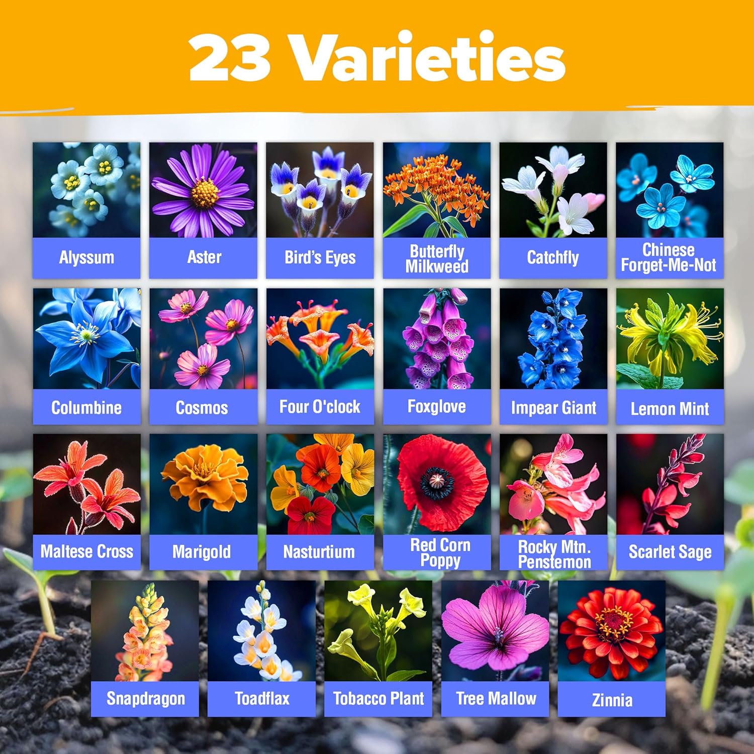 HOME GROWN Premium Wildflower Seeds 89,000+ Count - 23 Non-GMO USA Native Varieties for Bees, Butterflies & Birds - Perennial Wildflower Seed Mix Bulk 2oz - for Full Sun & Shade Gardens