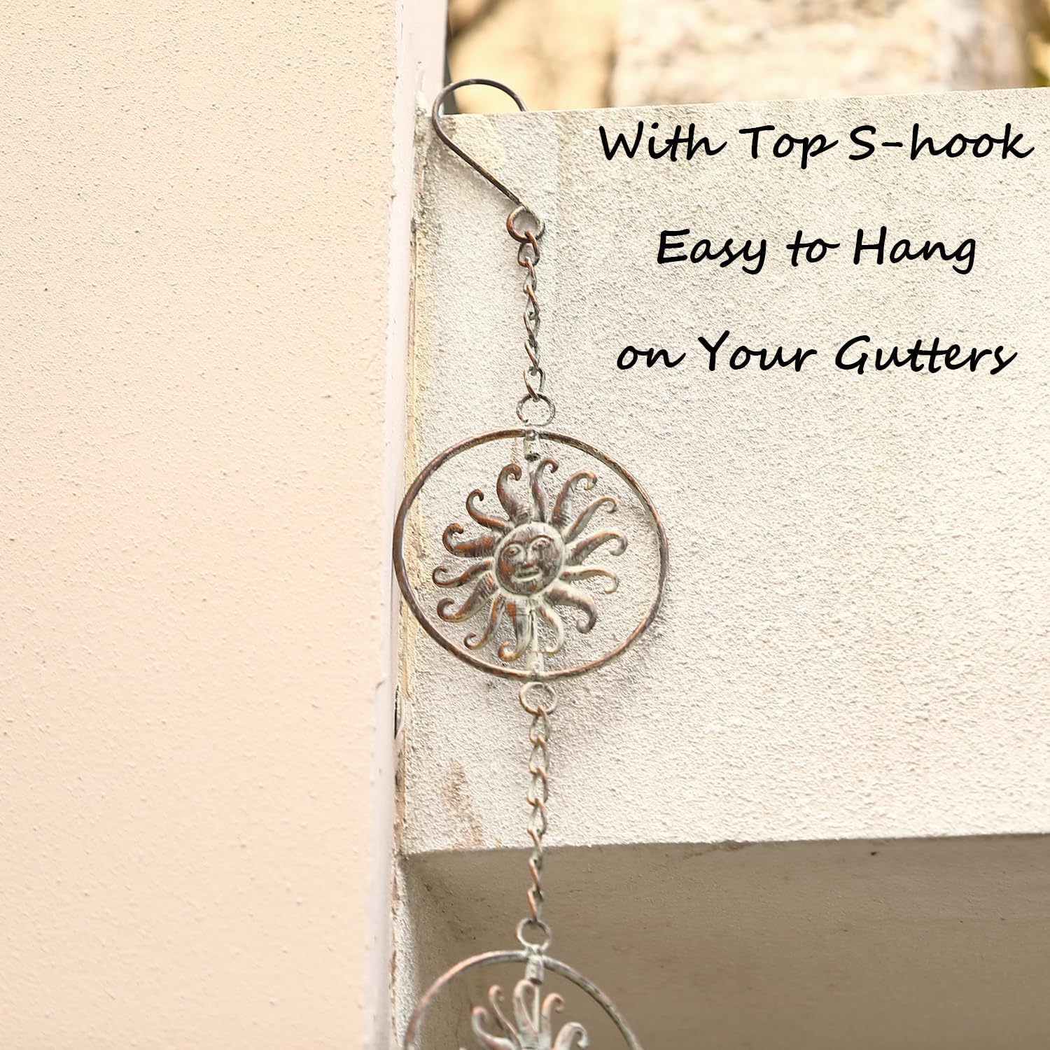 Sun Face Rain Chains, 8.5 Feet Length, Rain Gutter Chains, Functional and Decorative Replacement for Gutter Downspouts, Metal Loop Rain Catcher Chain, Rain Chains for Outside Garden Balcony Porch