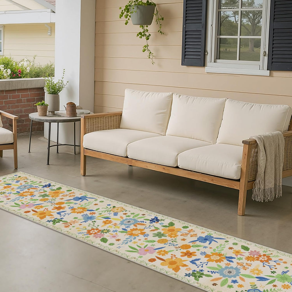 GENIMO Indoor Outdoor Area Rug 2' X 10' Waterproof, Washable Door Mat Non Shedding, Easy Cleaning Floral Outdoor Carpet for Patio, Entryway, Porch, Bathroom, Living Room, Bedroom, Backyard