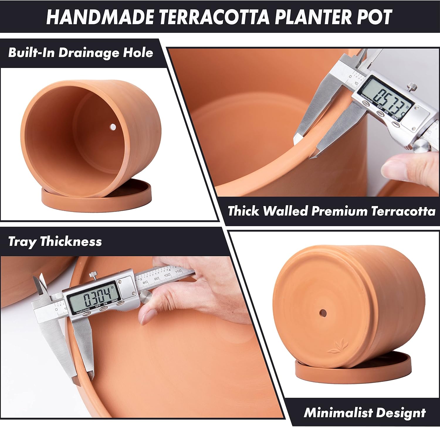 D'vine Dev X-Large 12 Inch Terracotta Plant Pot with Drainage Hole and Saucer, Round Cylinder Planter Pot for Indoor Plants, 40-X-A-6