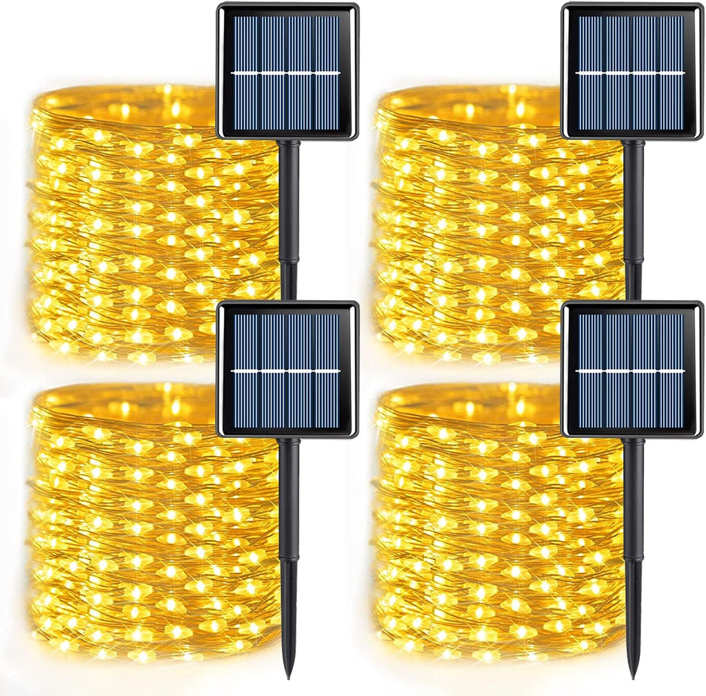 YEGUO Solar Fairy Lights Outdoor Waterproof, 4 Packs Each 33ft 100 LED Christmas Lights Warm White, 8 Modes Silver Wire Twinkle String Lights