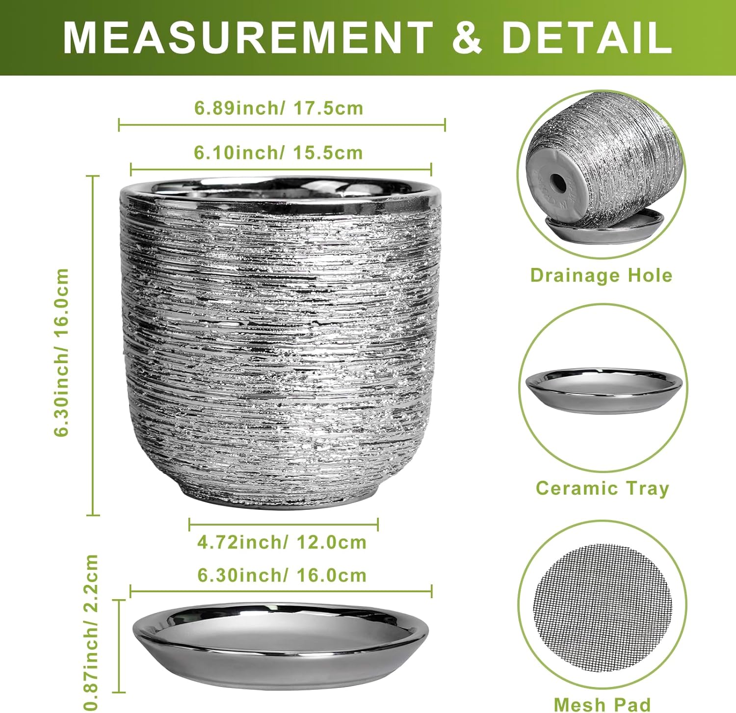 Ceramic Flower Pot - 7 Inch Ceramic Plant Pot for Indoor Flowers, Modern Outdoor Round Planter with Drainage Hole and Saucer, Gifts for Plant Lovers, Home Garden Decor, Silver