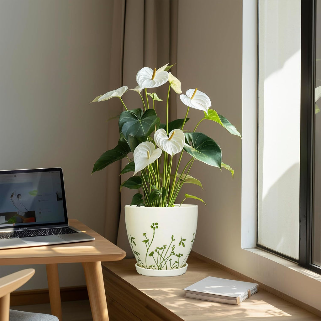 Indoor Plant Pot 8.2 Inch - Ceramic Planter with Drainage Hole and Saucer, Boho Round Decorative Flower Pot for Indoor Outdoor Flowers, Plant Lover Gifts, Office Home Garden Patio Decor, White