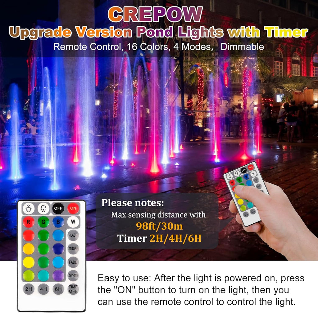 RGBW Pond Lights with Timer, 18 LED Super Bright Underwater Submersible Fountain Lights Color Changing Spotlights, Remote Control IP68 Waterproof for Fish Aquarium Tank Garden Pool (Set of 4)