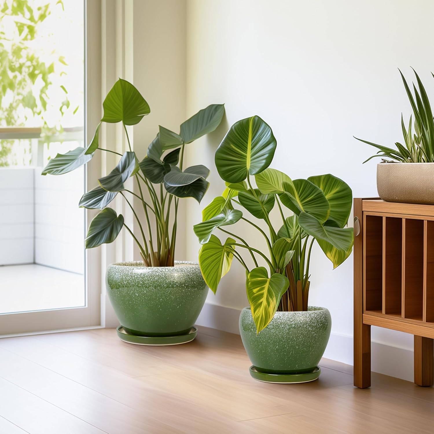 Ceramic Pots for Plants, 10+8+6 Inch Round Decorative Planters for Indoor Outdoor with Drainage Holes and Saucers, Office Garden Room Patio Decor, Gifts for Plant Lovers, Set of 3, Green