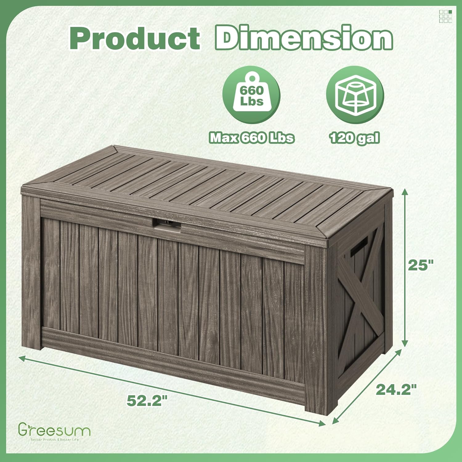 Greesum 120 Gallon Outdoor Storage Box with Lock - Large Resin Deck Box, Reinforced Lid for Garden, Patio, Lawn, Coffee