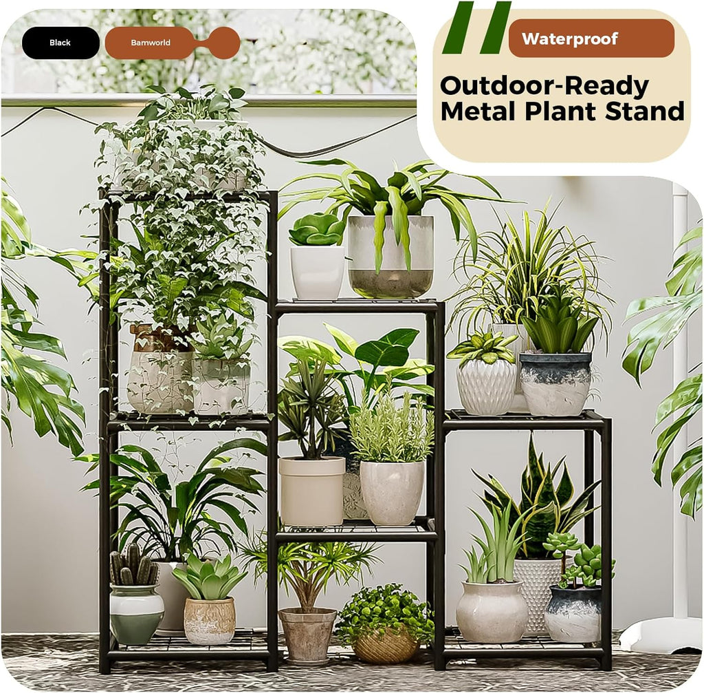 Bamworld Black Plant Stand Outdoor Metal Plant Shelf for Multiple Plants 3 Tiers Ladder Plant Holder Waterproof for Garden Living Room Patio Morden Home Decor Gardening Gifts